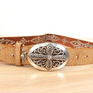 Western Studded Belt 36 Cross Oval Buckle LARGE Cowboy Silver Cemetery Heavy VTG